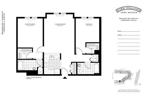P1 - 2BR 2BA (1127 SF) Floor Plan at Pier Village Apartments, Long Branch, 07740